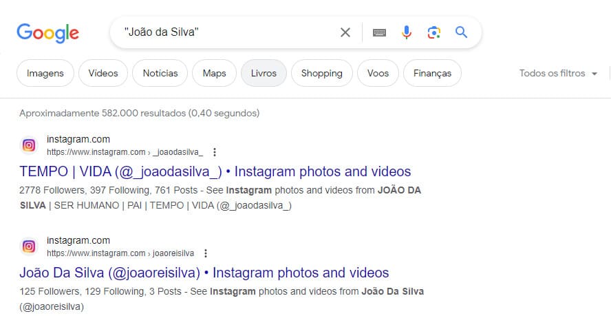 Resultado de pesquisa João da Silva no Google