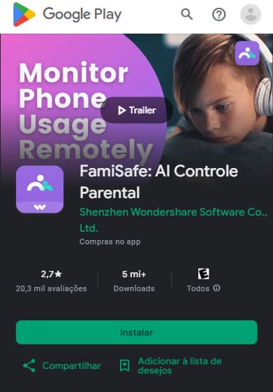 Aplicativo de monitoramento FamiSafe na página de download da Google Play