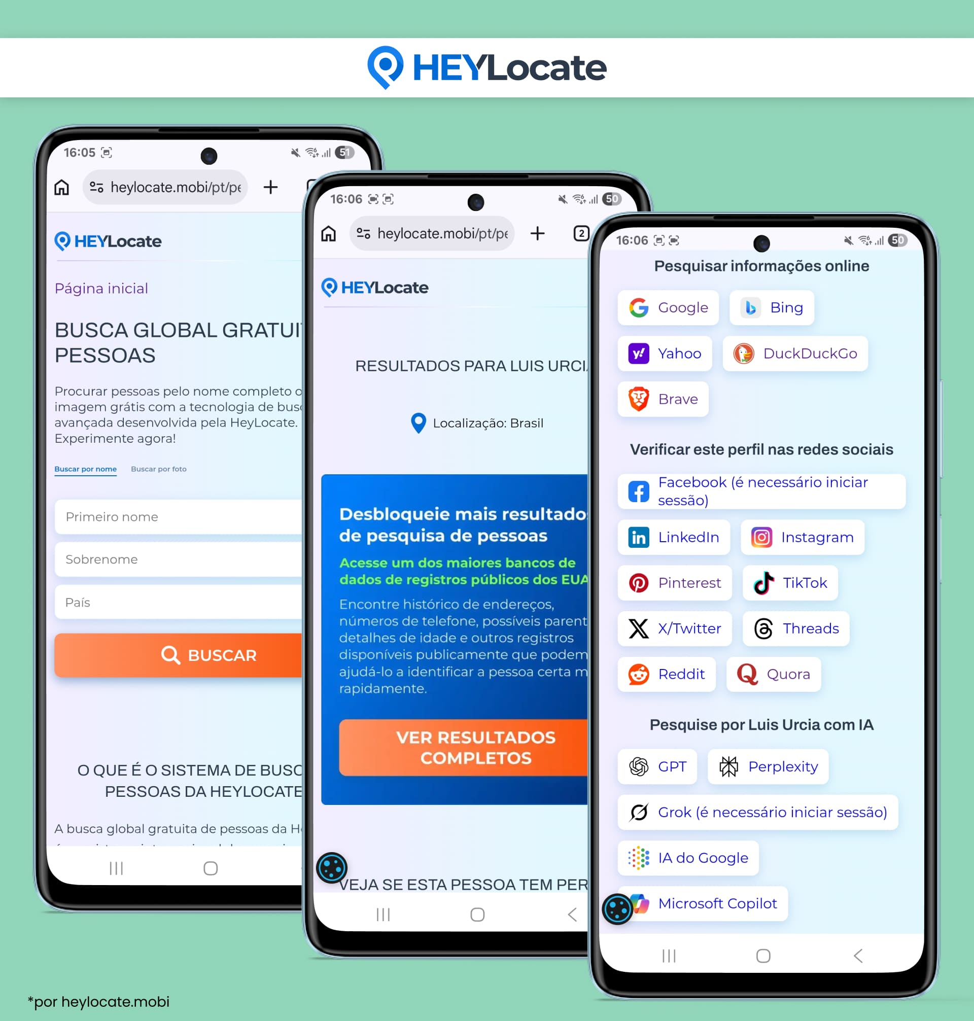 O HeyLocate mostra uma busca global gratuita de pessoas por nome com páginas de resultados, busca de perfis em redes sociais, opções de busca com IA e exemplos de pesquisa na web pública.