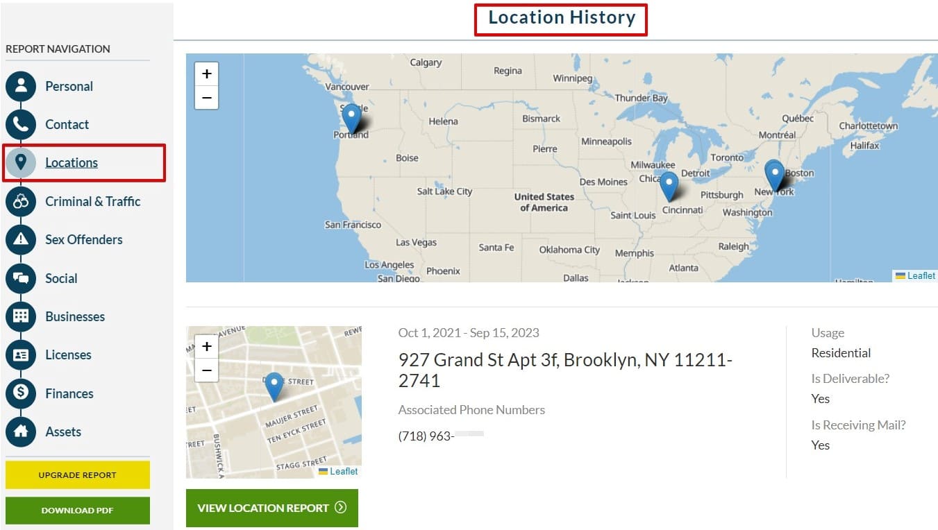 histórico de localização no Intelius com o endereço exato no mapa