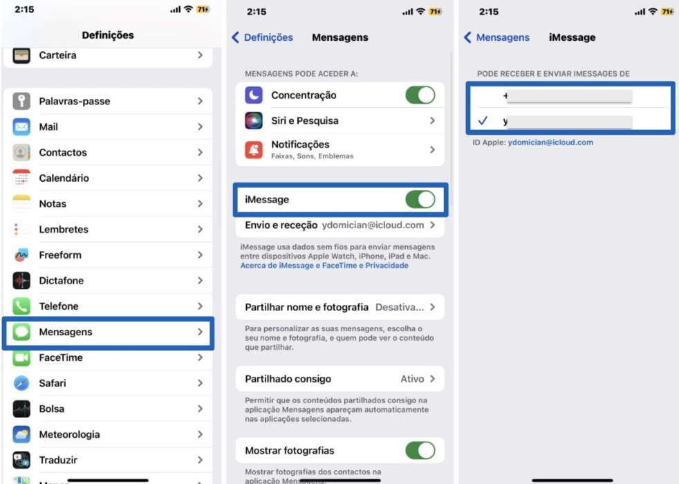 Capturas de tela da forma de configurar no iPhone para habilitar o encaminhamento de mensagens