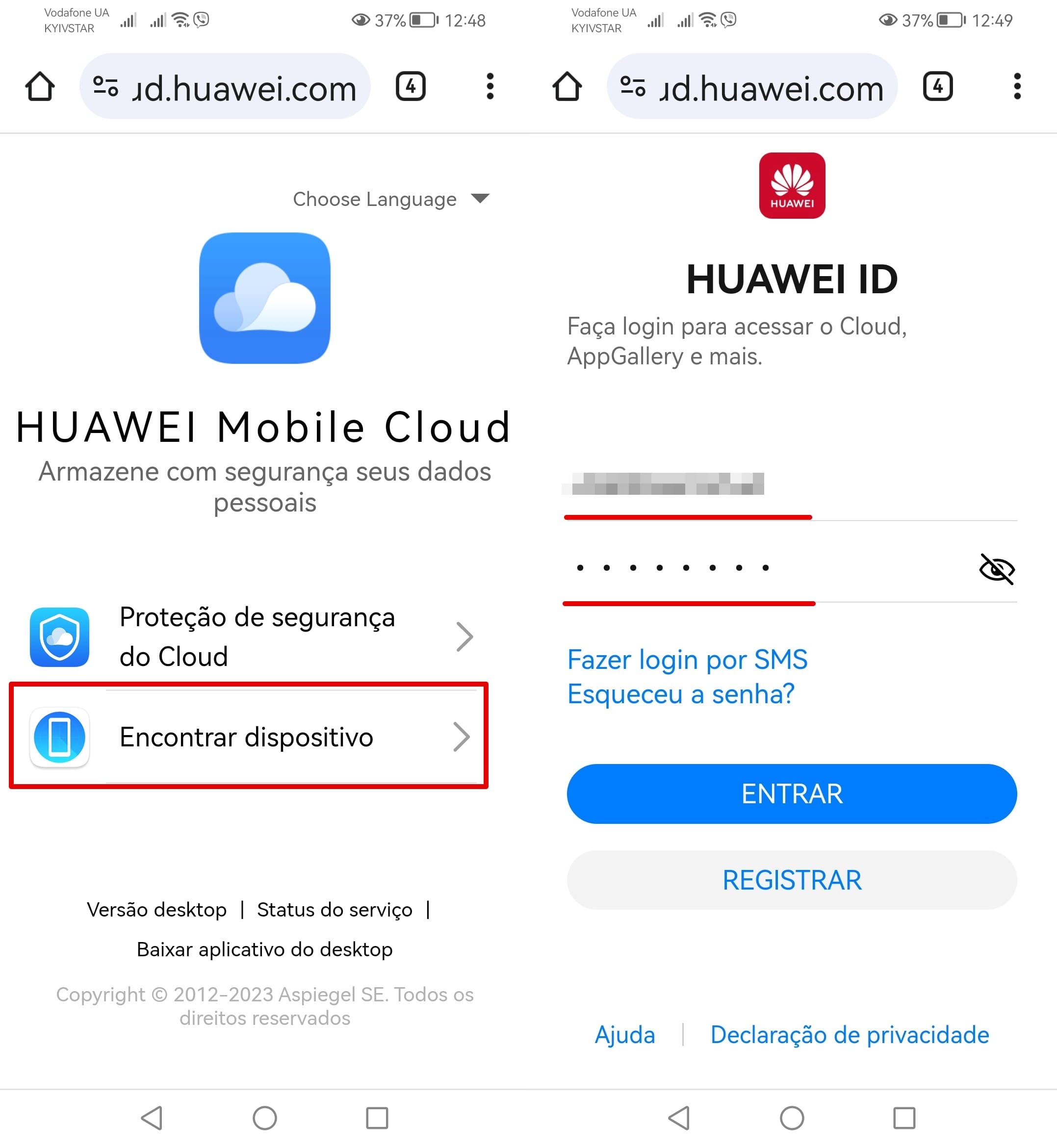 Capturas de tela da página da nuvem móvel da Huawei e da conta da Huawei com campos de login e senha