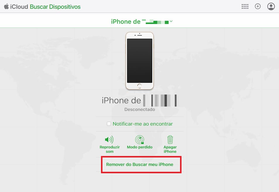 Tela do aplicativo Buscar na iCloud com o botão Remover do Buscar meu iPhone
