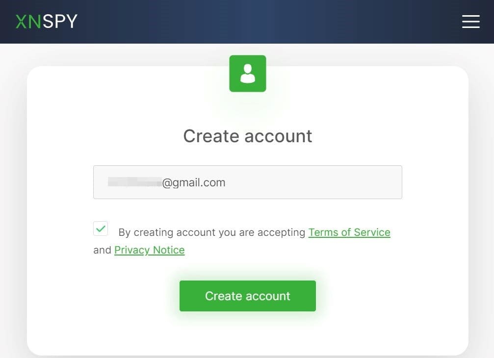 Introduza o seu endereço de e-mail para criar uma conta no sítio Web XNSPY
