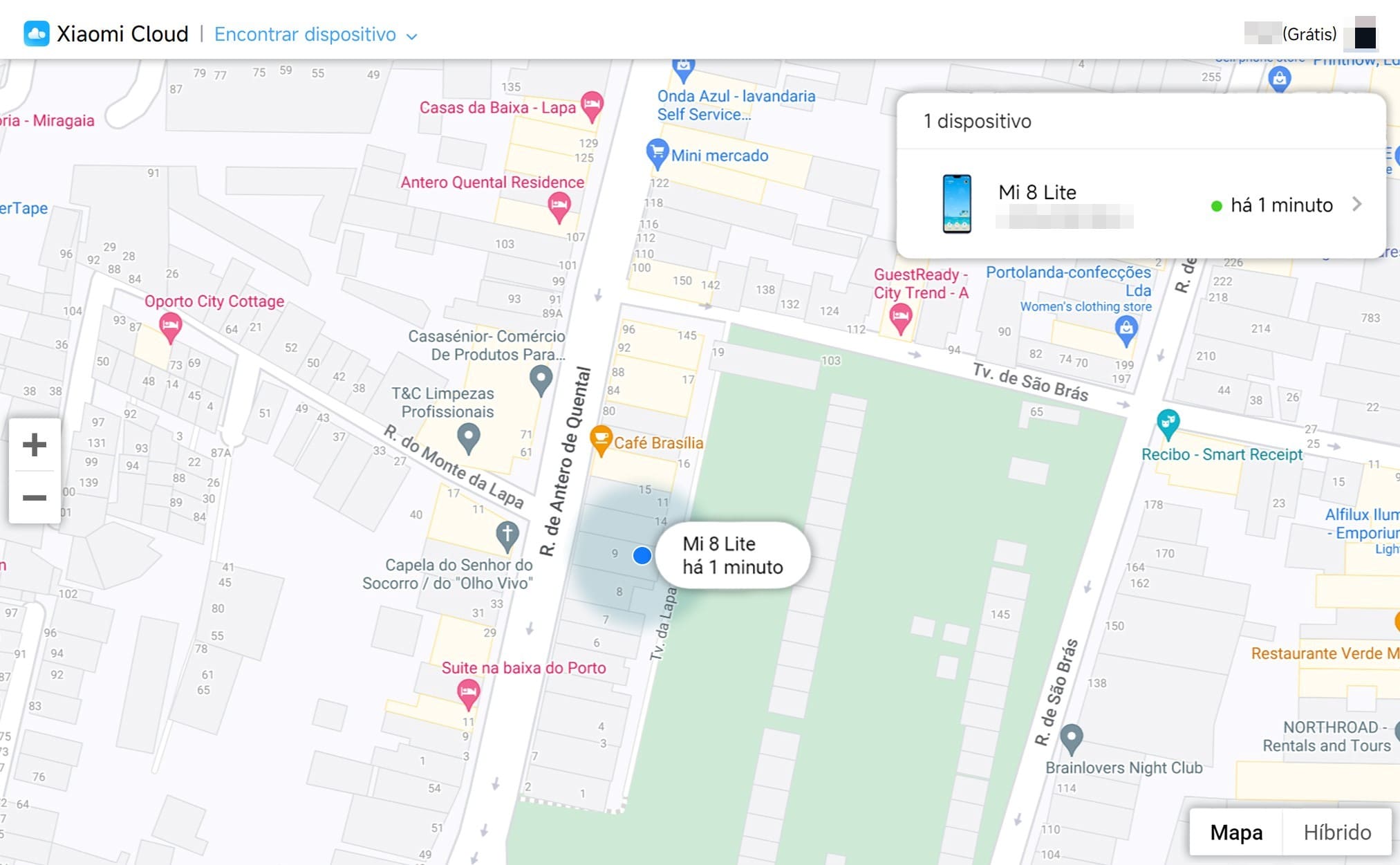 Uma imagem de um telemóvel localizado no Google Maps com o Mi Find Device