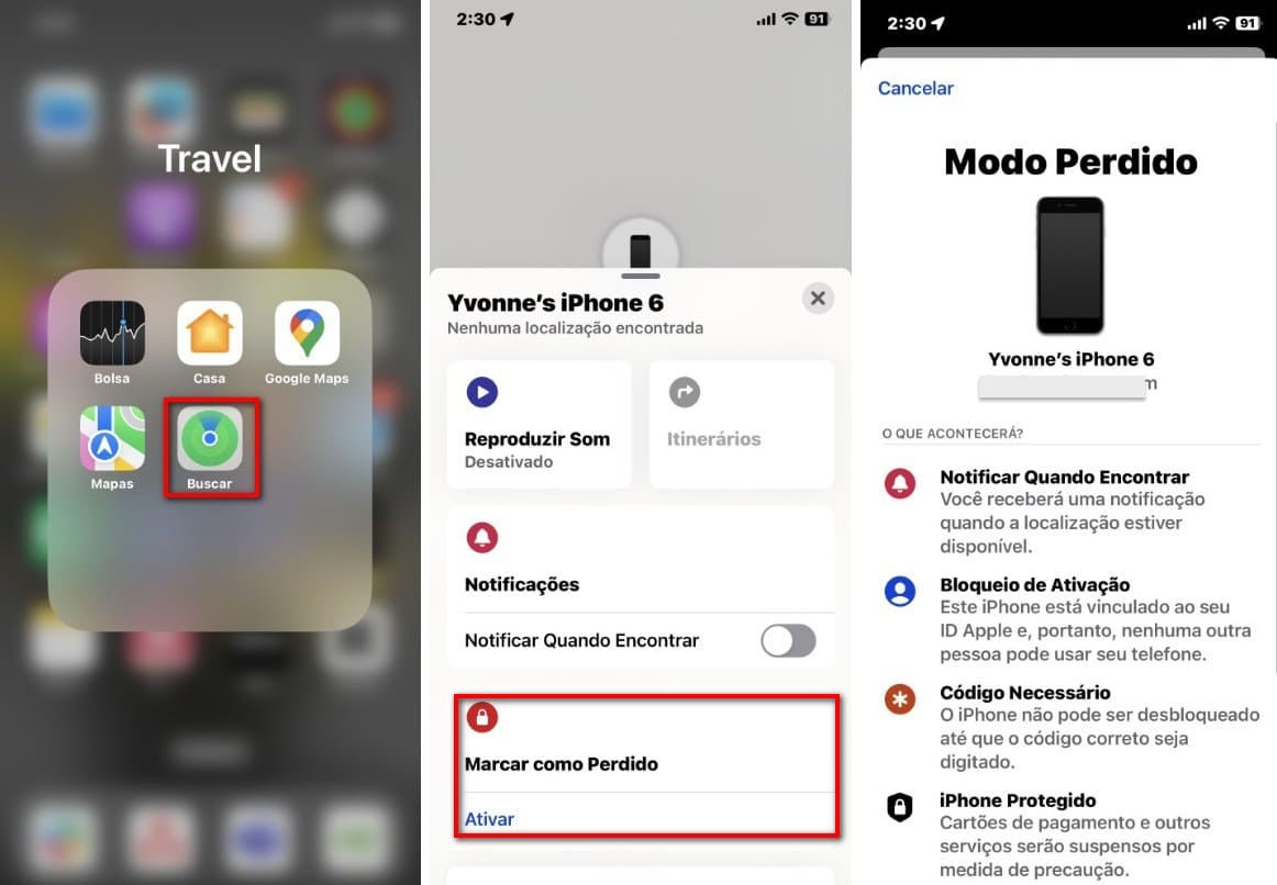 instruções passo a passo sobre como marcar Para marcar seu iPhone como perdido e ativar o Modo Perdido usando o app Buscar