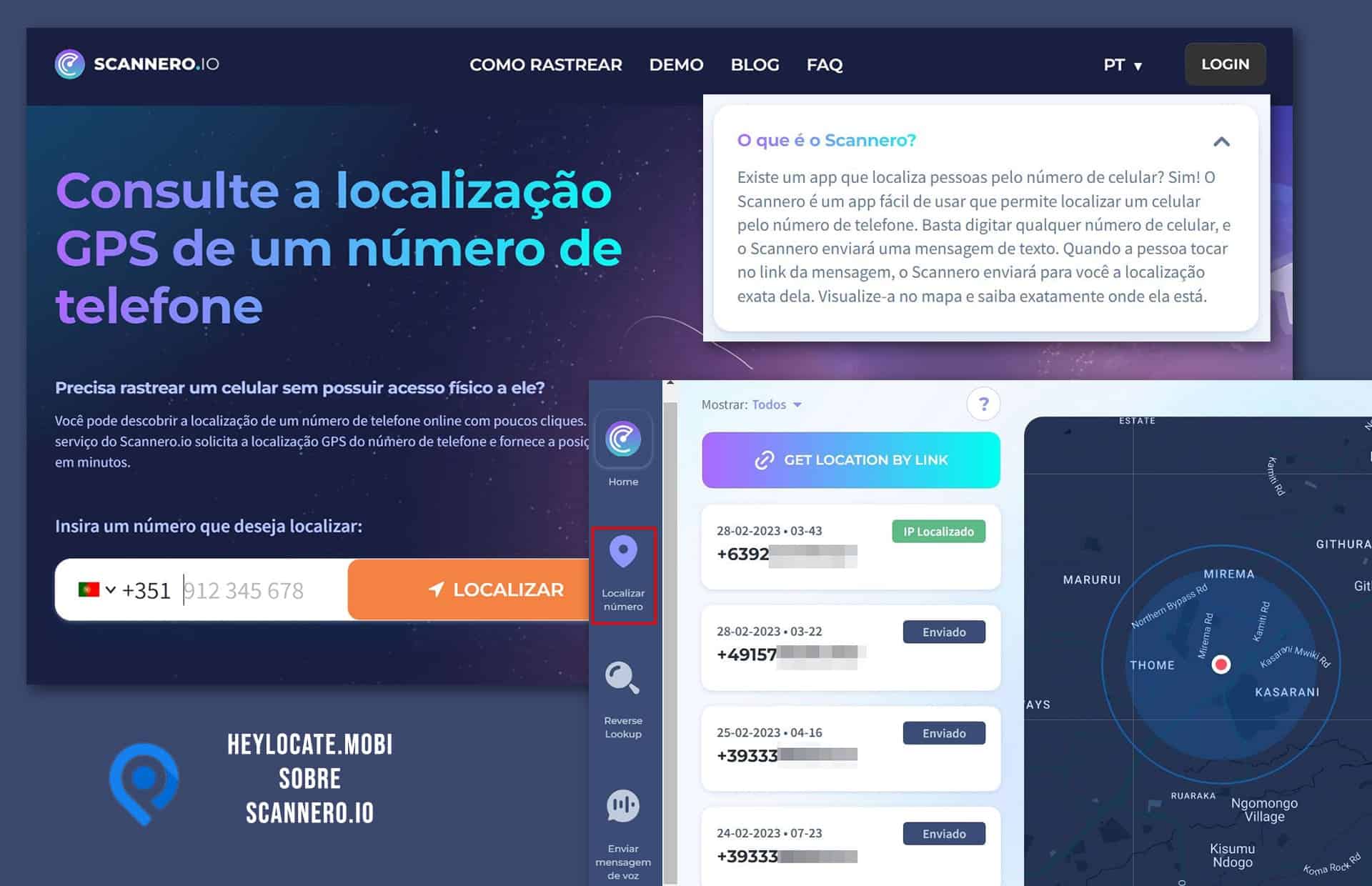Página inicial do site do scannero com um exemplo de localização de um número