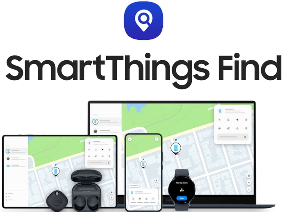 Telas de um computador, tablet, celular abertas no aplicativo da SmartThings Find com produtos da Samsung dispostos à frente