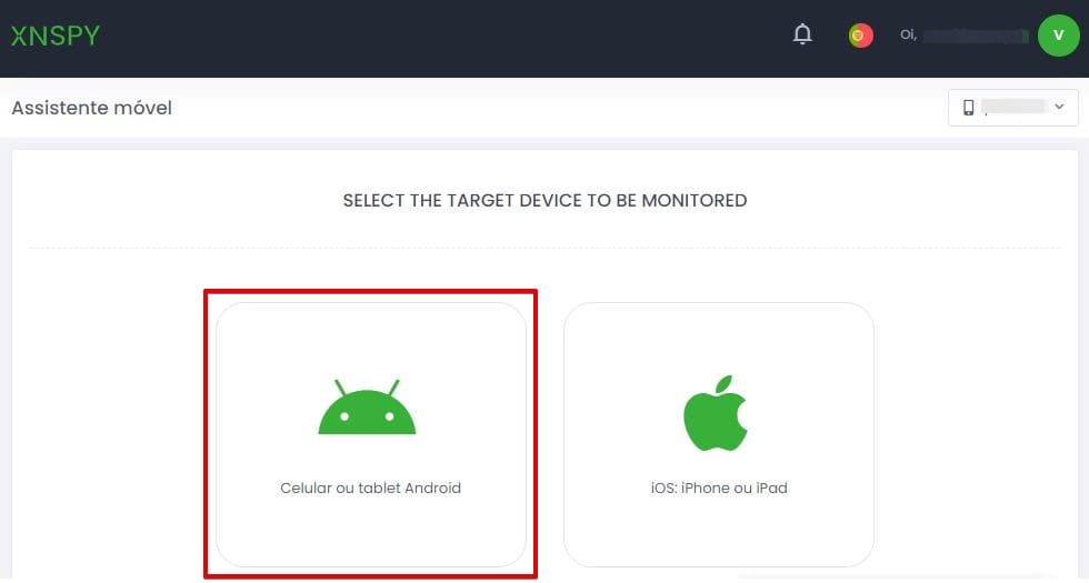 Criando uma conta no XNSPY e selecionando o dispositivo Android
