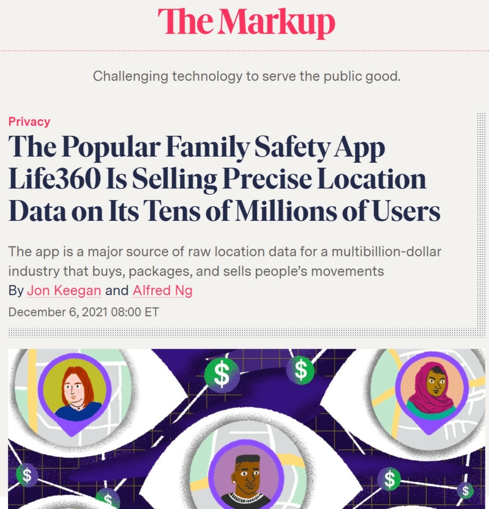 Captura de tela da investigação da mídia Markup sobre o aplicativo de rastreamento de localização Life360 que vende dados de usuários