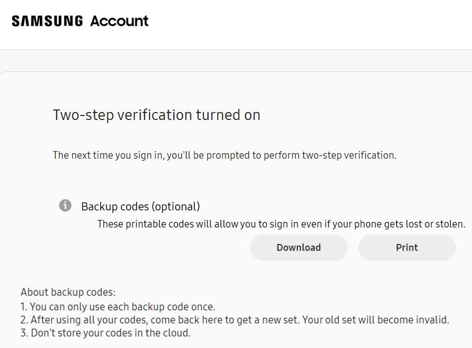 Download de códigos de backup durante a verificação em duas etapas da conta Samsung

