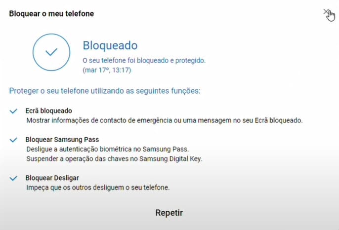 Tela informando que o Dispositivo Samsung está bloqueado