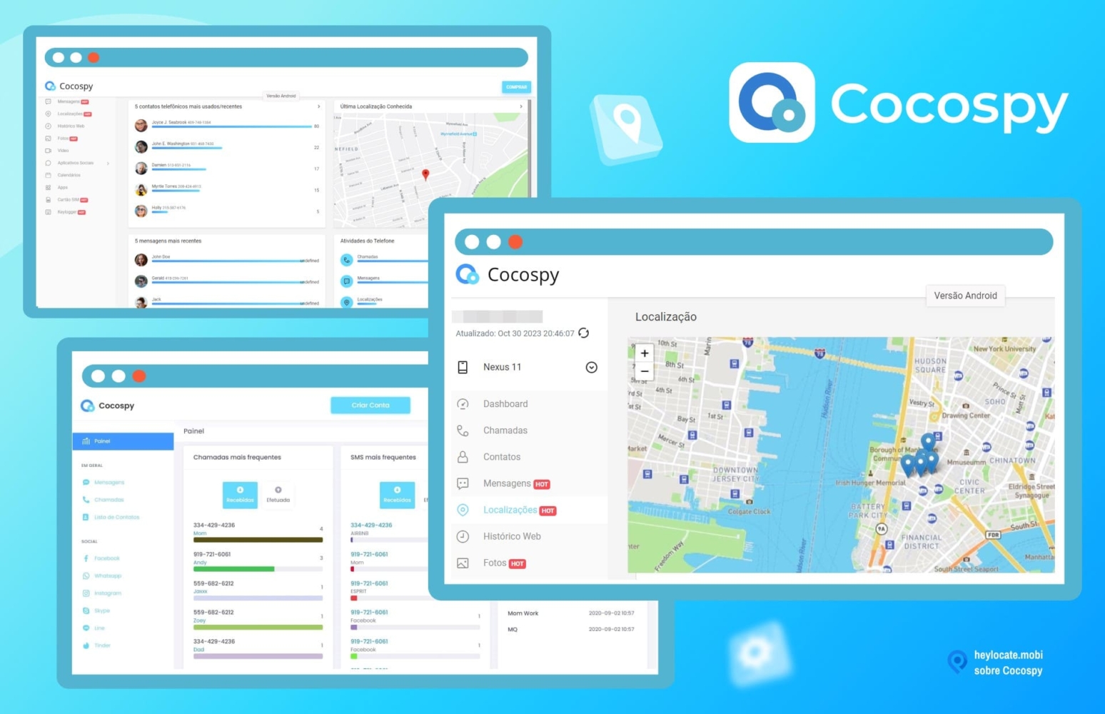 Uma colagem que mostra várias capturas de tela da interface do aplicativo Cocospy. As imagens incluem diferentes painéis, como um painel de controle, um rastreador de localização com um mapa e os bate-papos mais usados do WhatsApp.