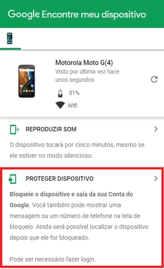 Página da Web do aplicativo Google Encontre meu dispositivo para na Função Proteger Dispostivo para celulares Motorola