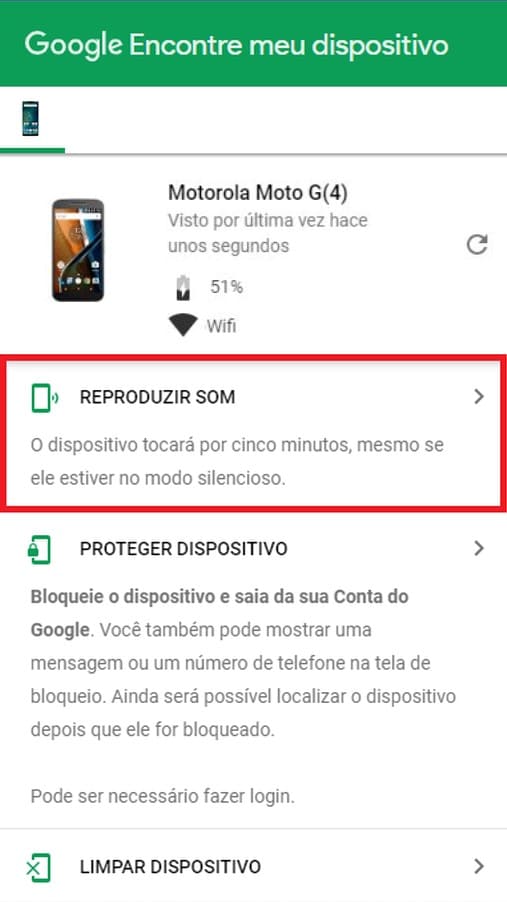 Página da Web do aplicativo Google Encontre meu dispositivo para na Função Reproduzir Som para celulares Motorola