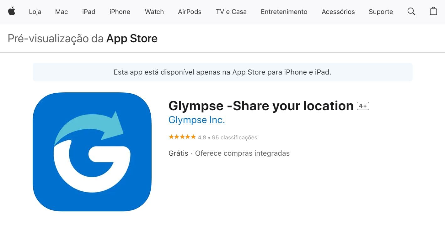 Vista da página inicial do Glympse na App Store