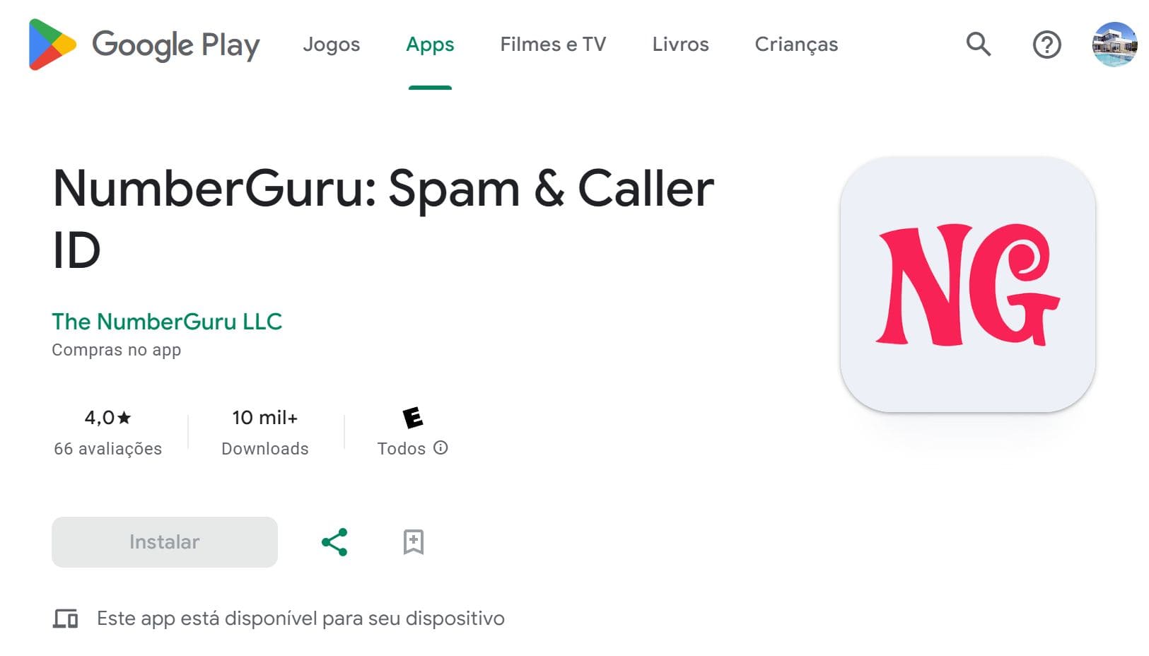 Vista da página inicial do Numberguru no Google Play com um botão para o instalar no seu telemóvel