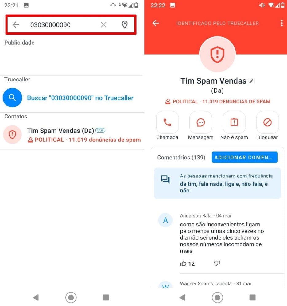 Tela com pesquisa de telefone spam no app Truecaller
