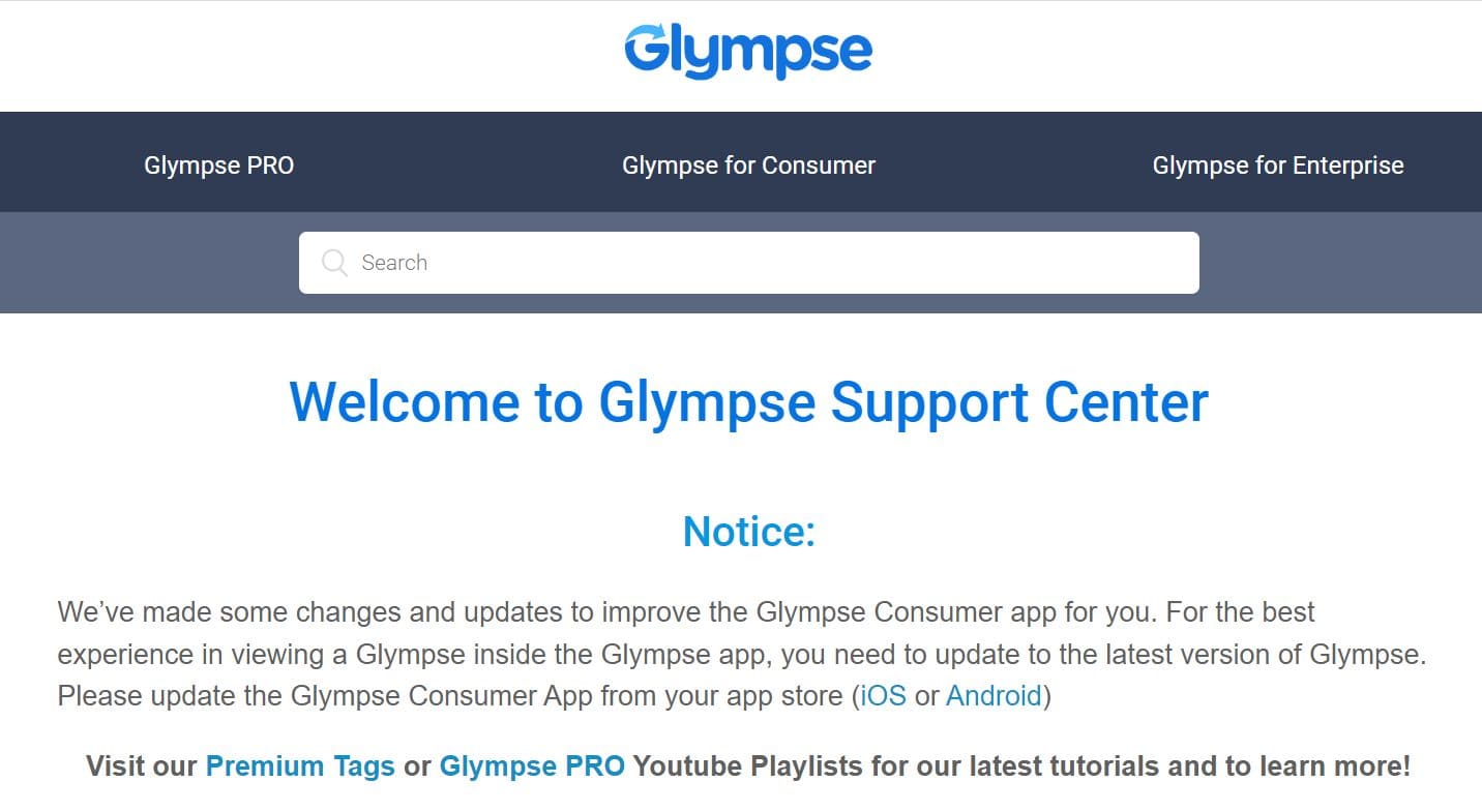 Vista da página do sítio Web com informações sobre o serviço de apoio ao cliente da glympse