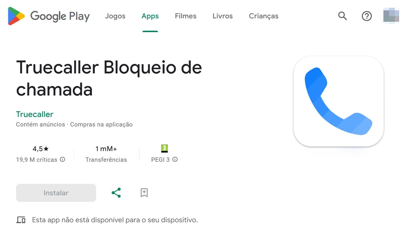 Vista da página inicial do Truecaller no Google Play com um botão para o instalar no seu telemóvel