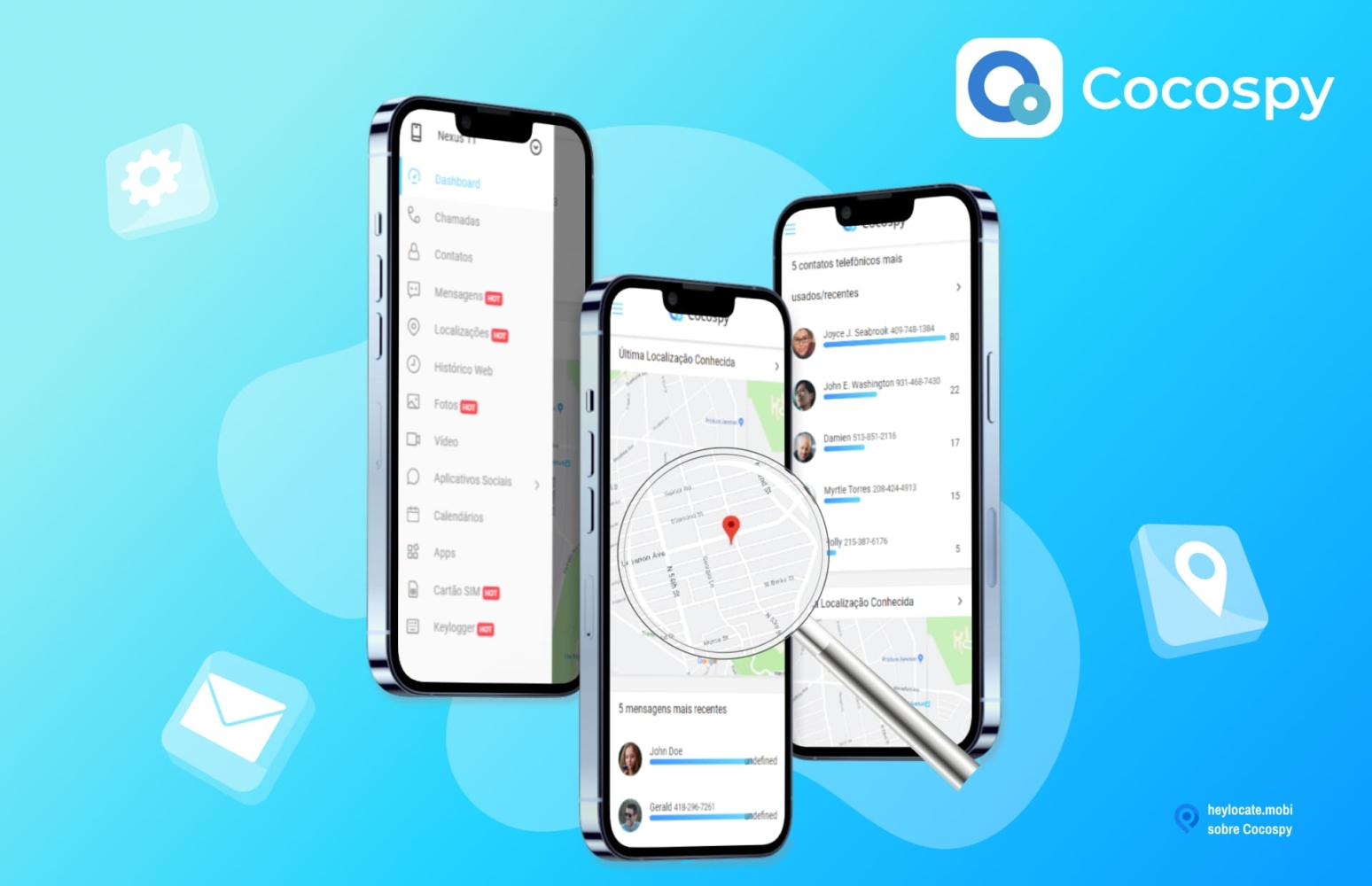 Imagem promocional do Cocospy mostrando a interface do aplicativo em smartphones. A interface inclui opções como chamadas, mensagens, localizações e mapa mostrando uma localização.