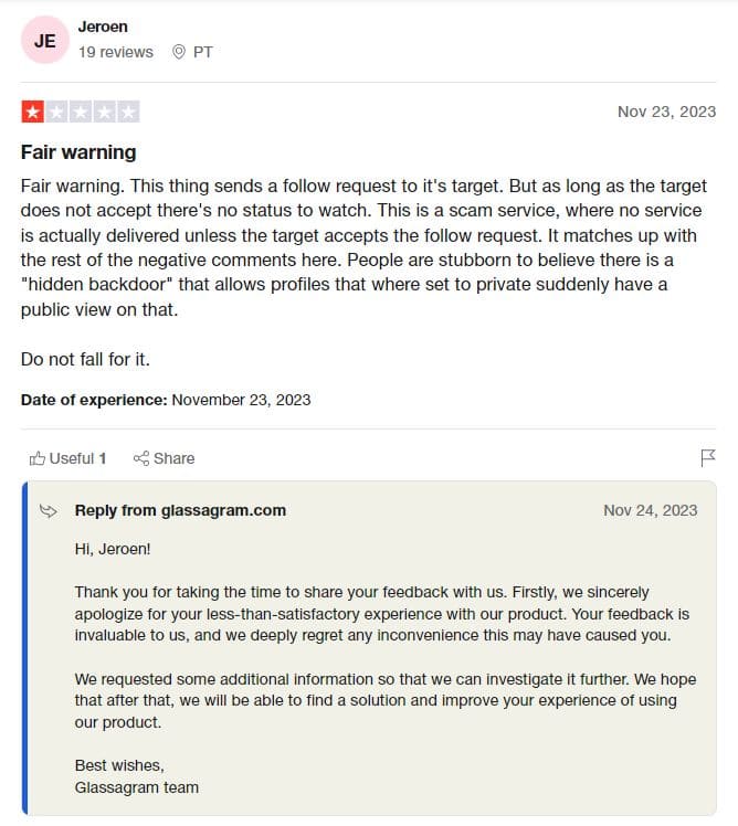 Uma imagem de uma avaliação negativa do Glassagram e da resposta do apoio ao cliente na Trustpilot
