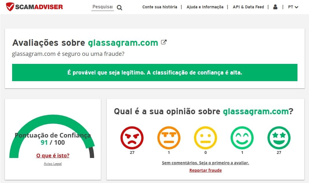 Classificação de confiança do Glassagram no sítio Web do Consultor de Fraudes