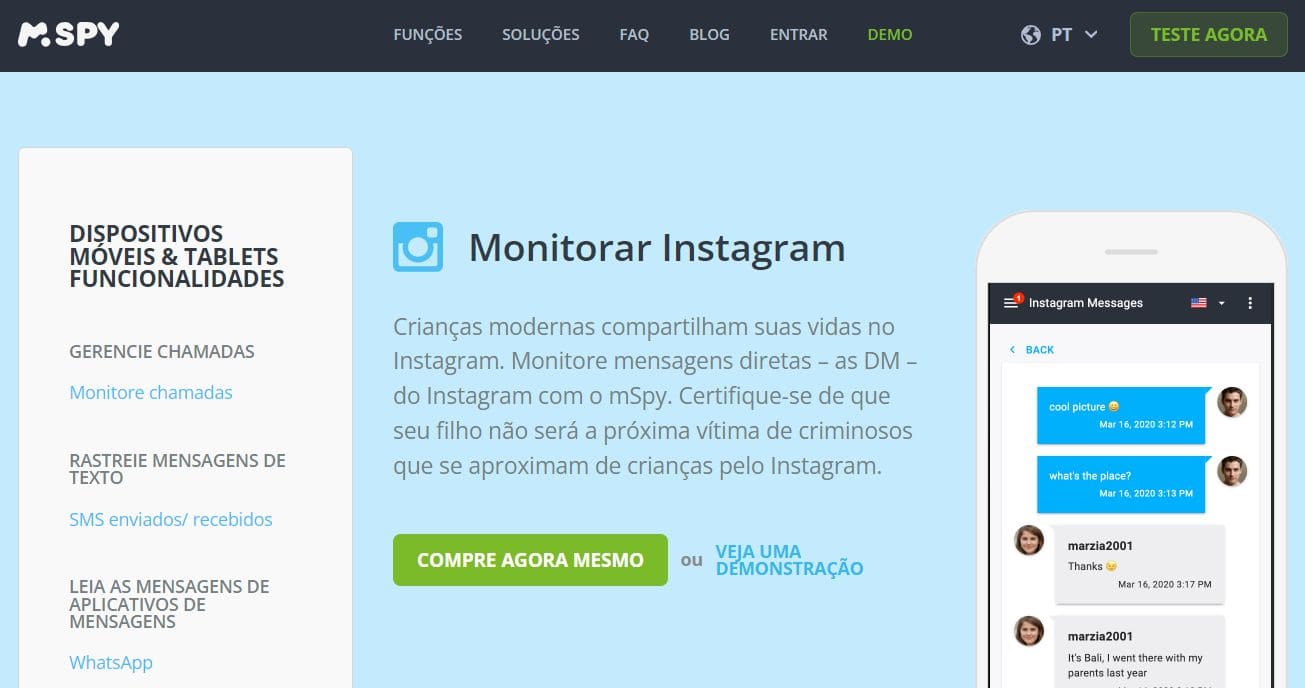 Uma imagem do mSpy que mostra as suas funcionalidades de seguimento do Instagram