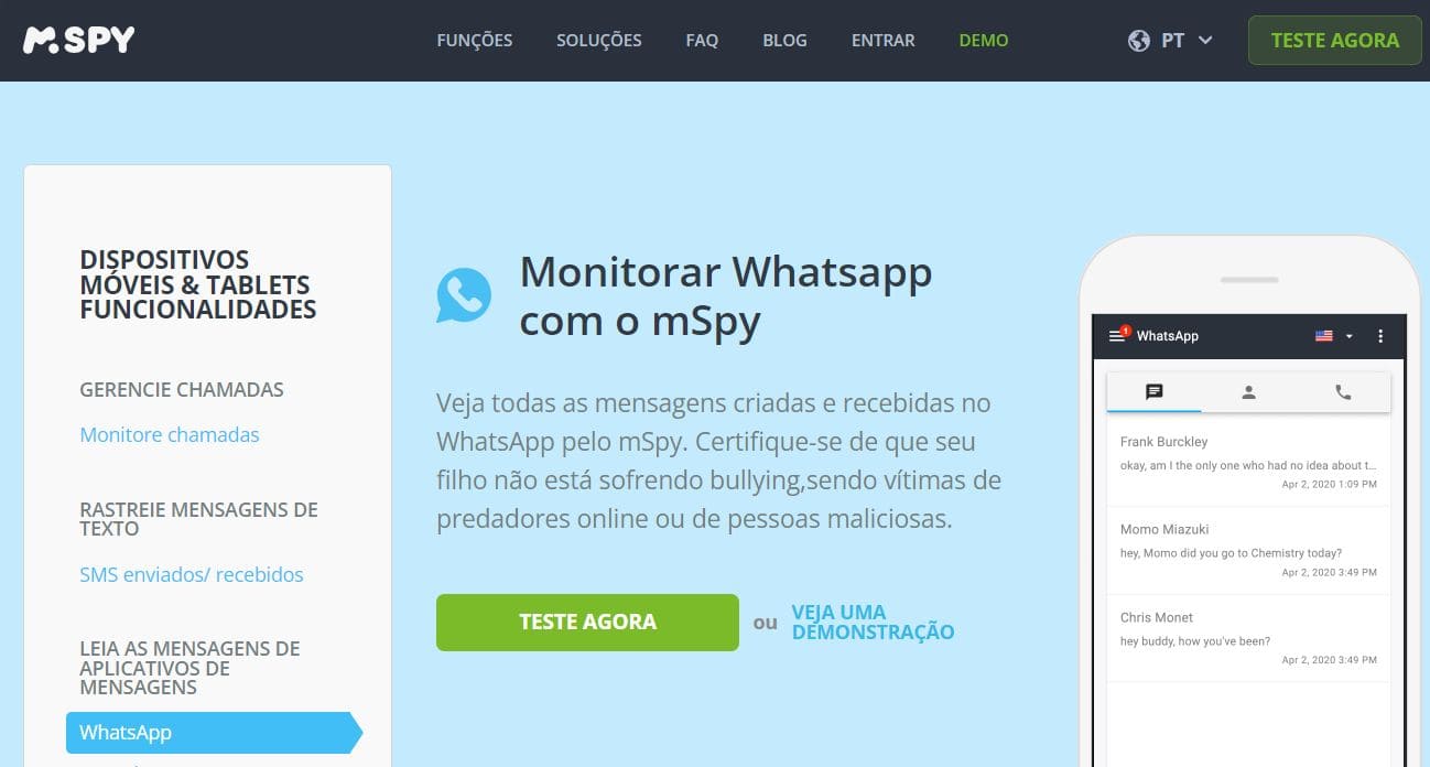 Uma imagem do rastreador WhatsApp mSpy no site mSpy