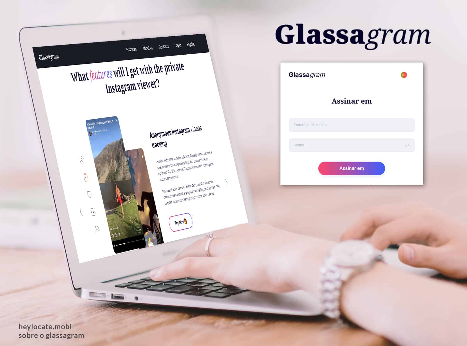 Mãos de uma rapariga a trabalhar com um computador portátil no qual está aberto o sítio Glassagram com a função de visualização anónima de vídeos. Junto ao computador portátil, na fotografia, está também uma imagem do formulário de registo