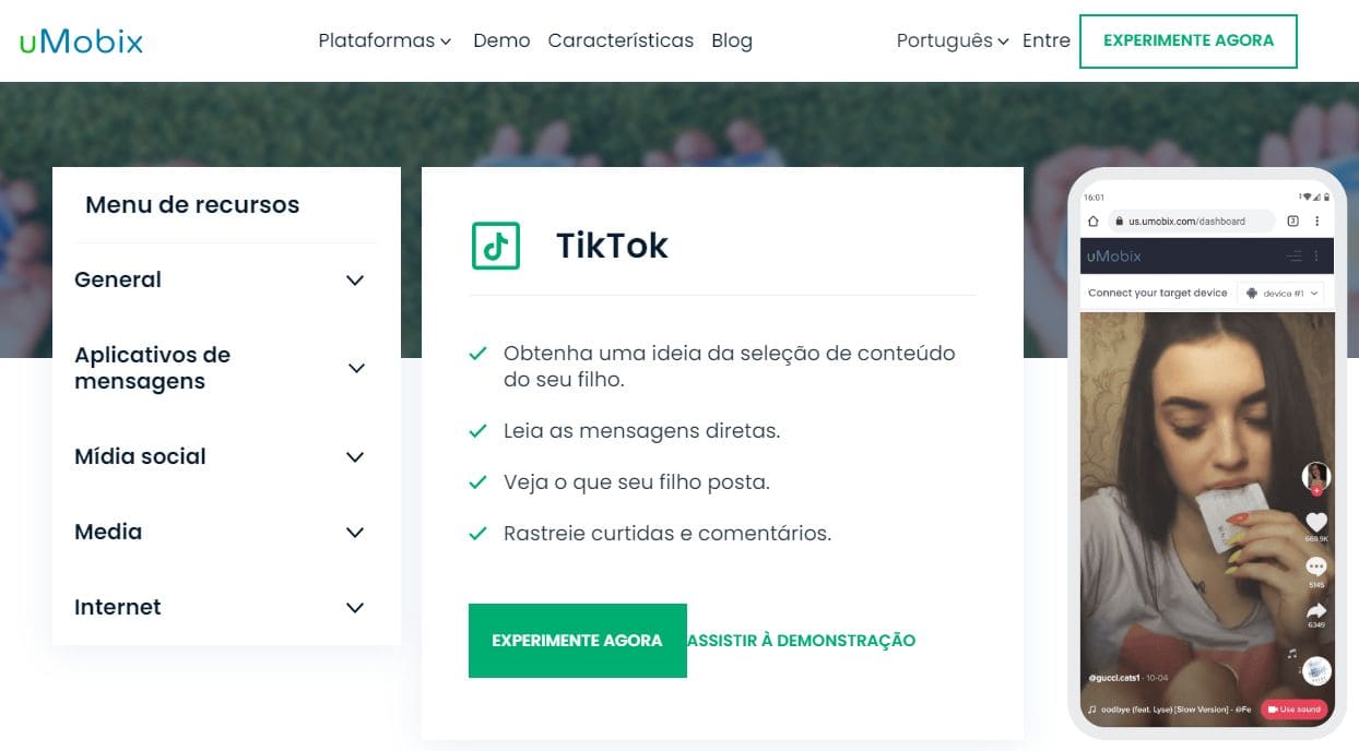 Visualização da página com informações sobre a utilização do TikTok no uMobix