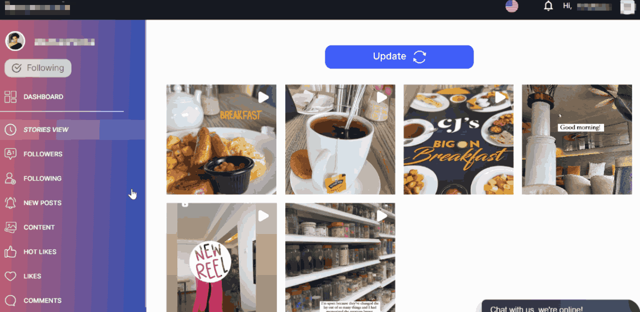 Um GIF da funcionalidade Visualização de histórias do Instagram no painel de controlo do Glassagram