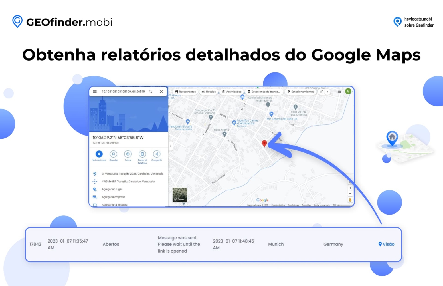 Exibição do recurso do GEOfinder.mobi para obter relatórios detalhados do Google Maps, mostrando um mapa e coordenadas de localização, juntamente com uma visualização detalhada de um mapa destacando uma área específica com um marcador de localização.
