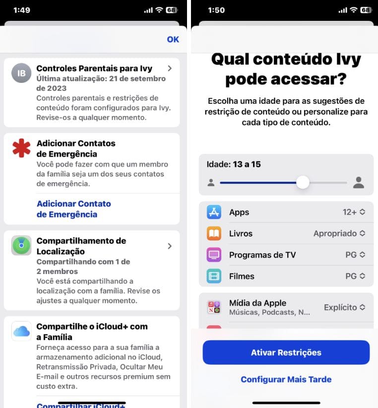 Capturas de tela do iPhone com a função Controle Parental no Compartilhamento Familiar Apple