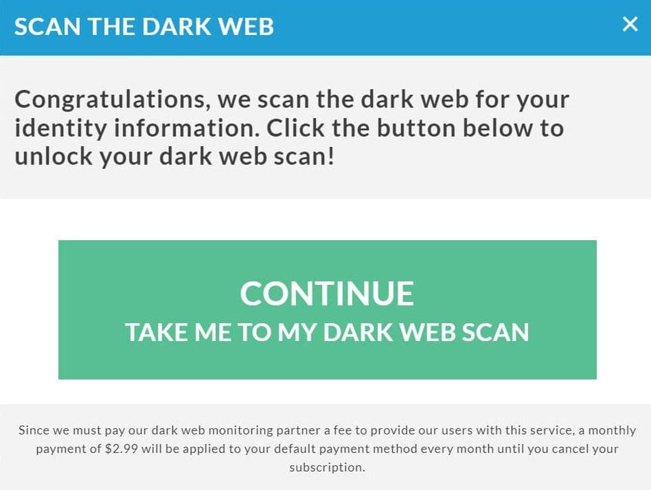 Uma imagem de uma mensagem de digitalização da dark web no TruthFInder