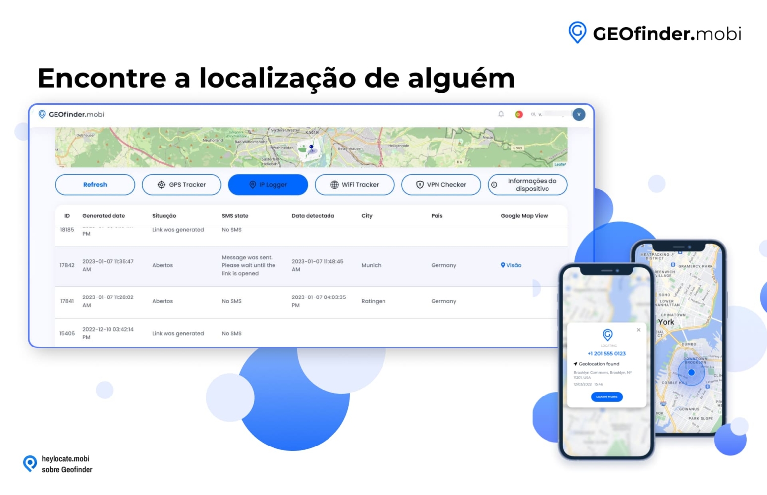 Captura de tela da página da Web GEOfinder.mobi exibindo um mapa com uma localização definida e uma interface de usuário mostrando opções para rastreamento de GPS, registro de IP, rastreamento de WiFi, verificação de VPN e informações do dispositivo, juntamente com um telefone celular mostrando uma localização mapeada.