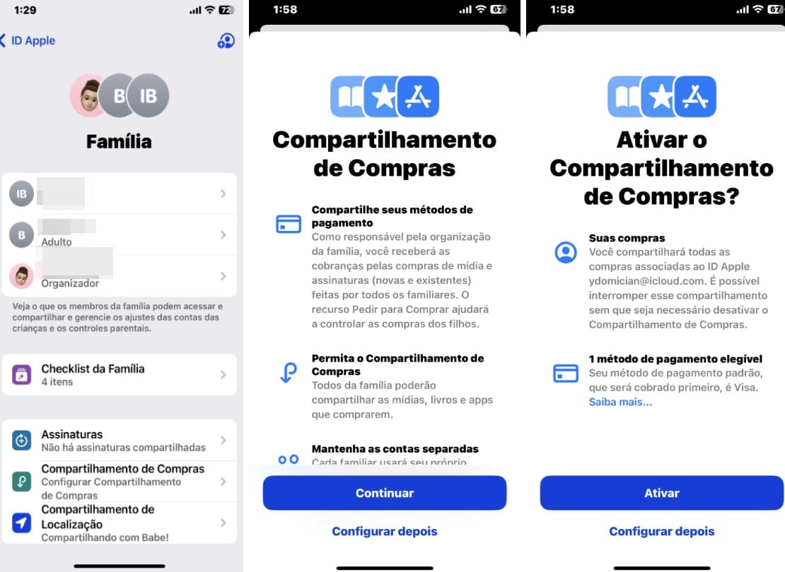 Capturas de tela do iPhone com a função Compartilhar Compras no Compartilhamento Familiar Apple