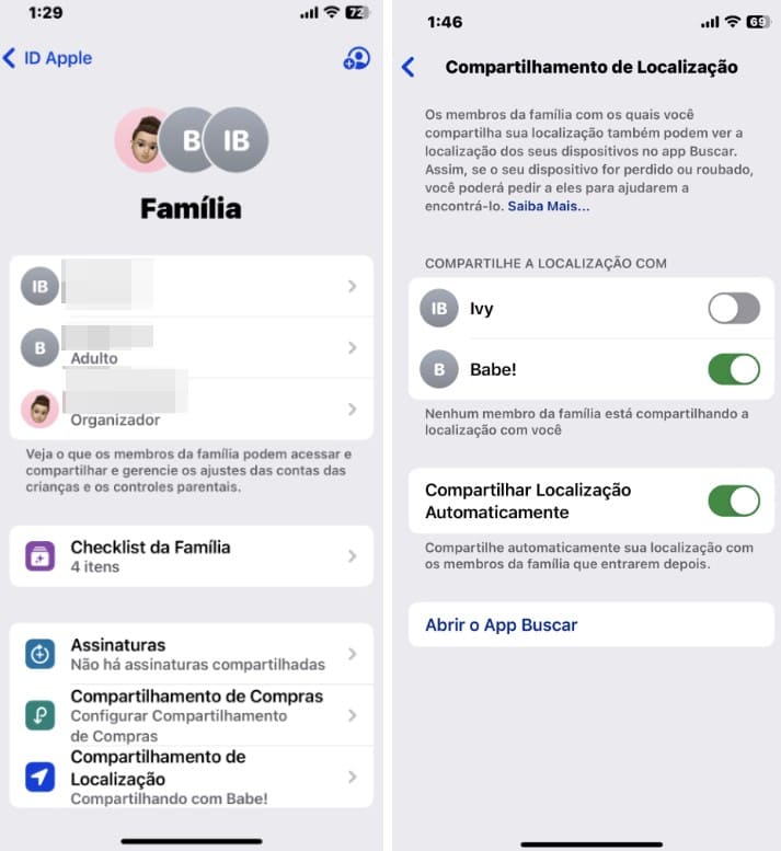 Capturas de tela do iPhone com a função de compartilhamento de localização compartilhada no Compartilhamento Familiar Apple