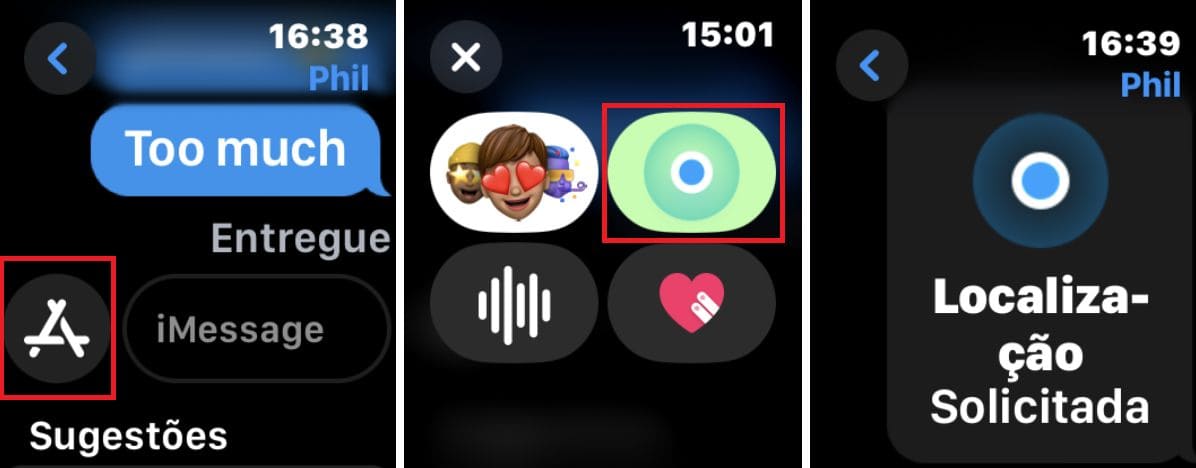 Capturas de tela do Apple Watch com passos sobre como usar o iMessage para solicitar a localização de alguém