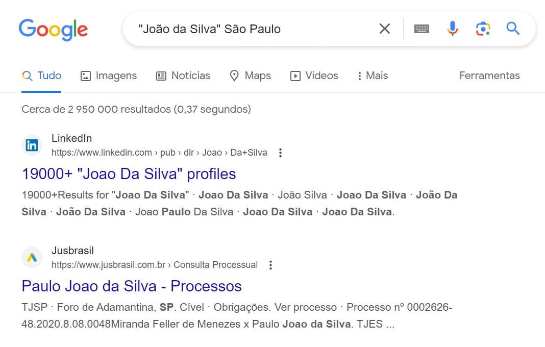 Resultado de pesquisa do Google pesquisando por João da Silva em São Paulo