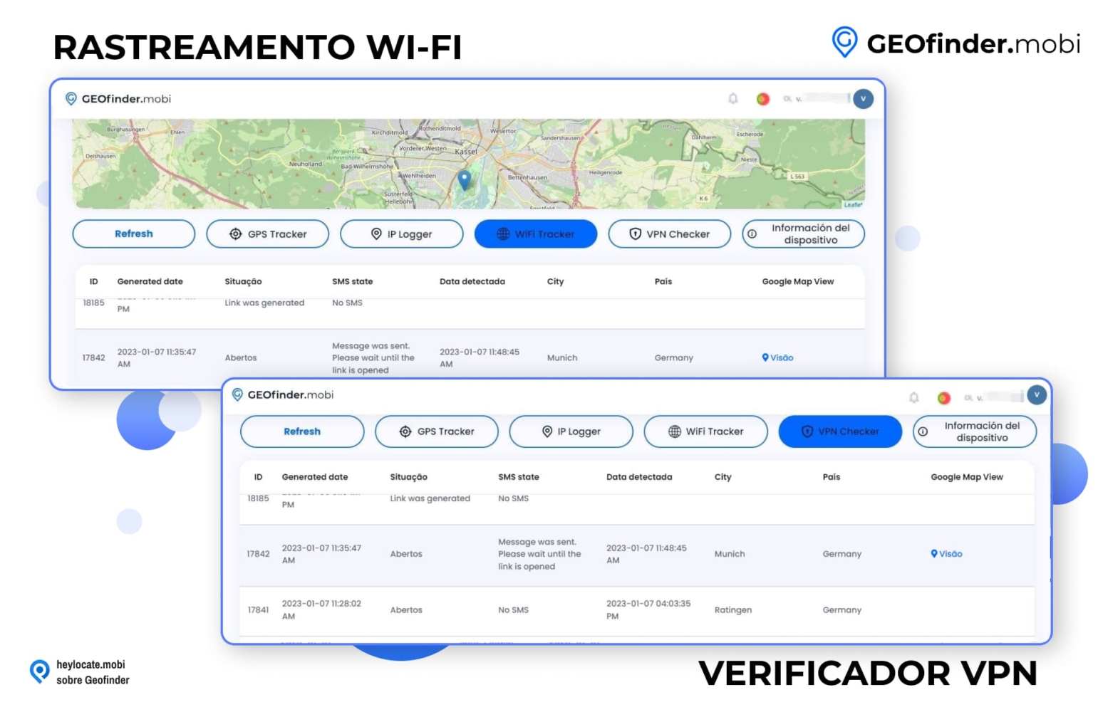 Interface do GEOfinder.mobi mostrando as guias WiFi Tracker e VPN Checker, com listagens detalhadas de números de ID, datas, estados de SMS, data de detecção e informações de rede para fins de rastreamento.