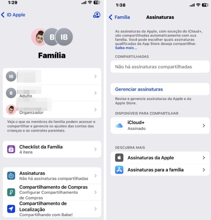 Capturas de tela do iPhone com a função de assinatura compartilhada no Compartilhamento Familiar Apple