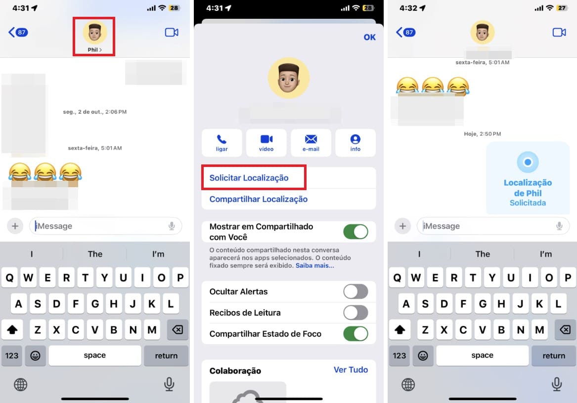 Capturas de tela do iPhone com passos sobre como usar o iMessage para solicitar a localização de alguém