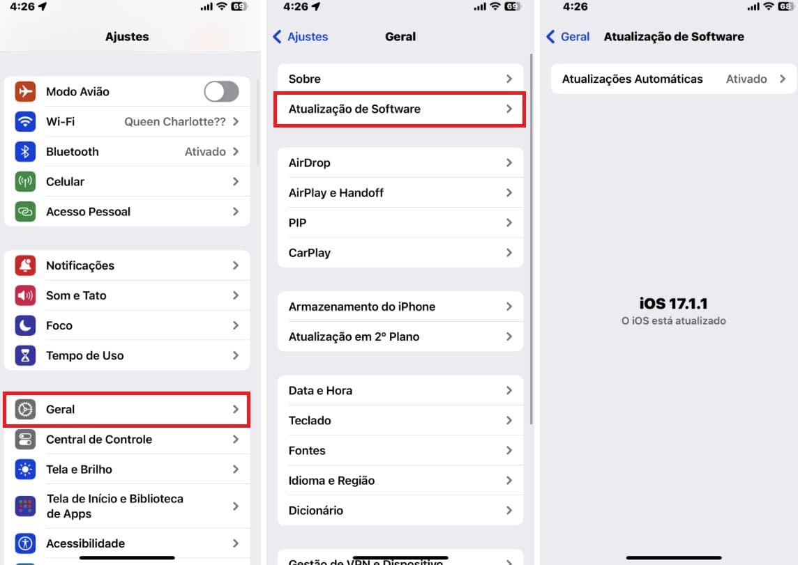 Capturas de tela do iPhone com etapas sobre como atualizar o iPhone iOS