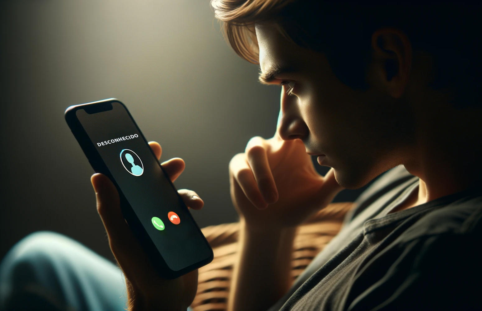 Um homem em um quarto escuro olhando para seu celular com uma chamada de um número desconhecido