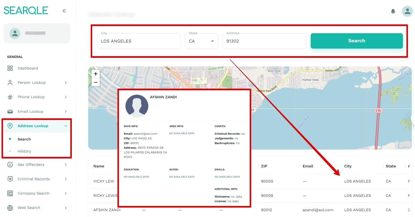 Imagem mostrando como localizar uma pessoa por endereço no site da Searqle e quais dados estarão visíveis na pesquisa