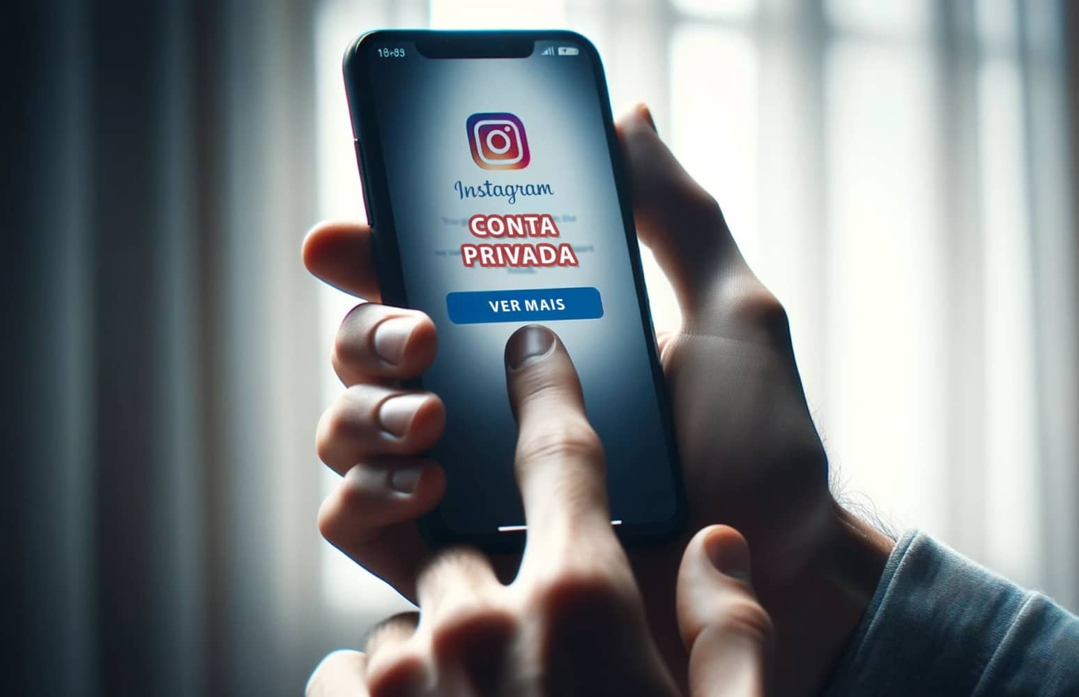 Mãos de homem segurando o telefone contra o fundo de uma janela com cortina, no telefone está aberta uma conta privada do Instagram com um botão Exibir mais