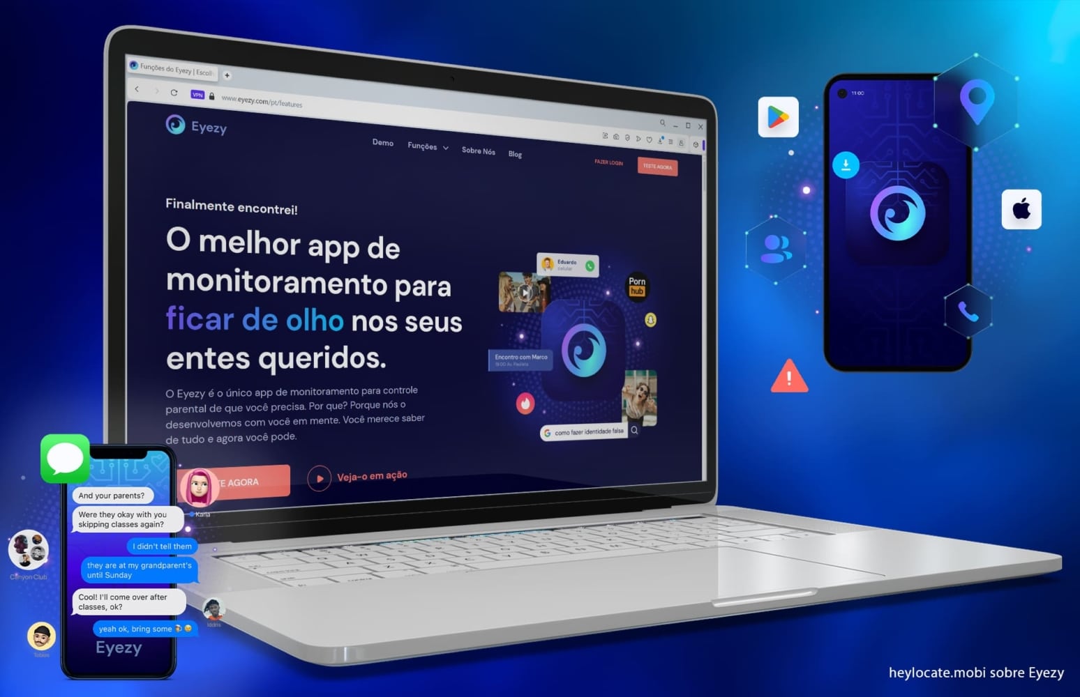 Laptop em um fundo azul escuro com uma página aberta do melhor aplicativo de monitoramento Eyezy e ao lado de um telefone com um visual de mensagens do watsapp