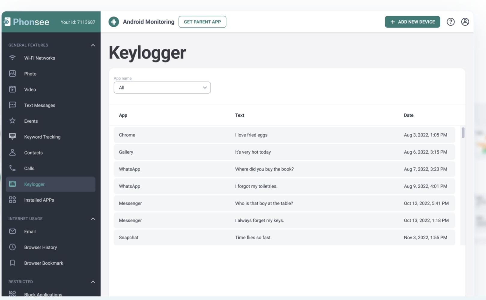 Painel de controlo da aplicação de monitorização Phonsee com a função de keylogger e mensagens de texto rastreadas capturadas