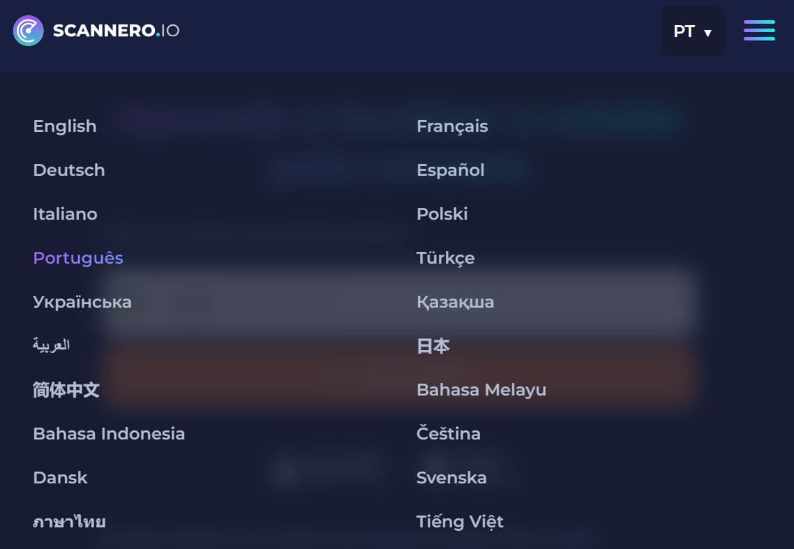 Imagem do site do Scannero, mostrando a lista dos vinte idiomas em que o Scannero trabalha